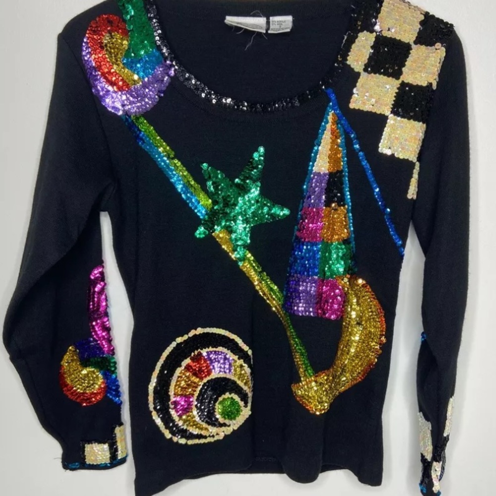 Vintage OS International Sequin Sweater Star Moon Sailboat Check Print Large